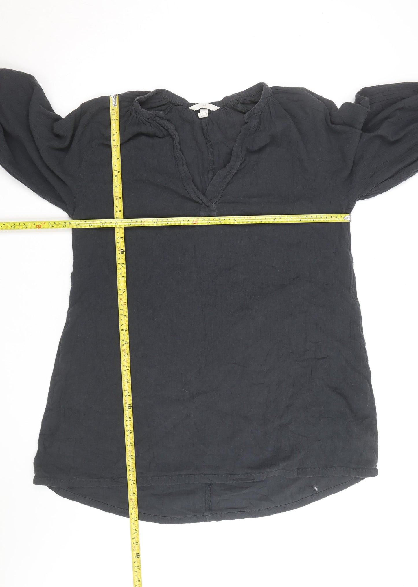 H&M Women’s Black Linen Tunic Blouse Size S 3/4 Sleeve V-Neck