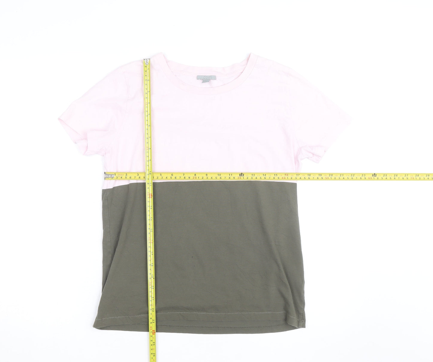 COS Men's Pink and Green Colourblock Cotton T-Shirt Size M