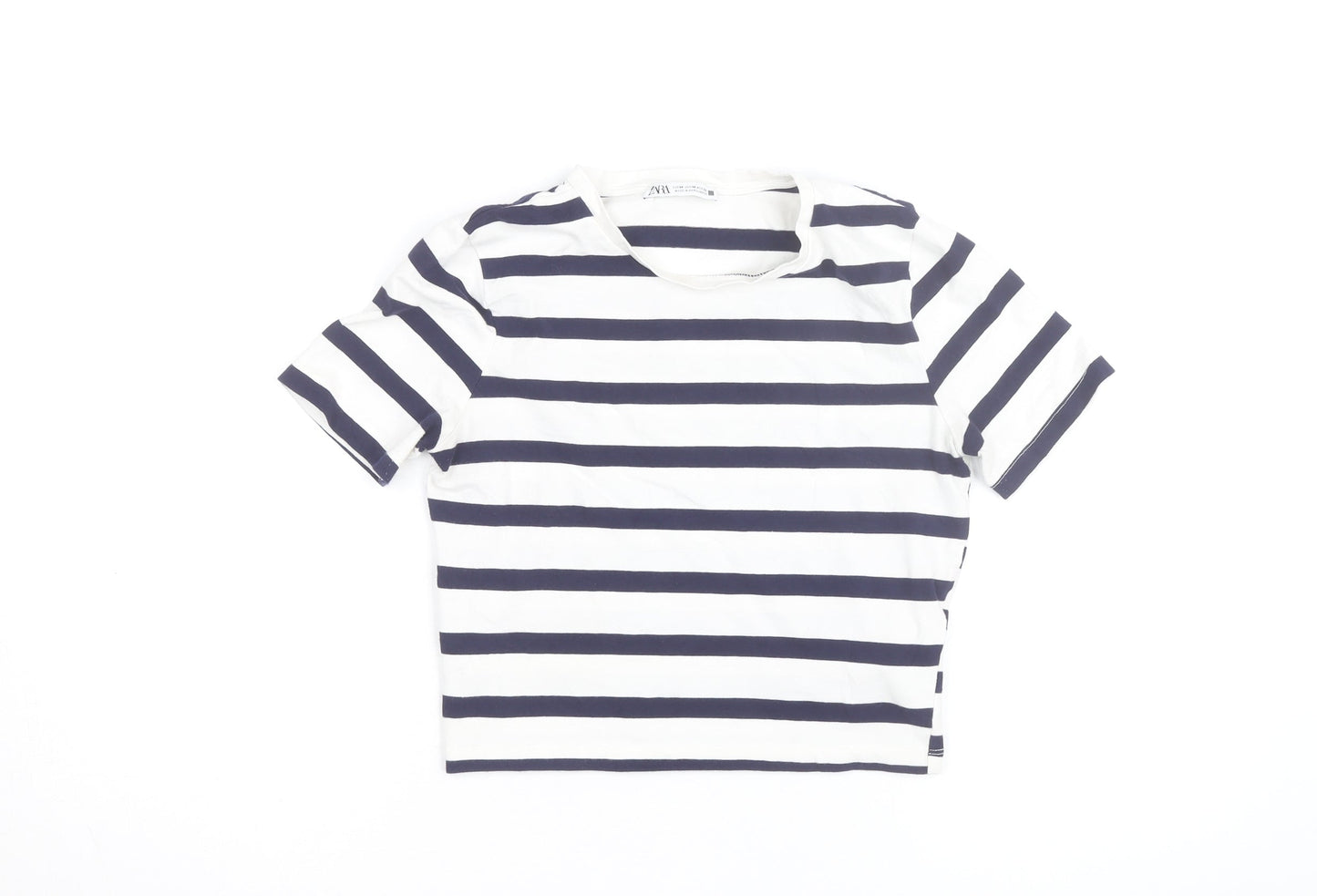 Zara Women's Navy White Striped Cropped T-Shirt Size 12