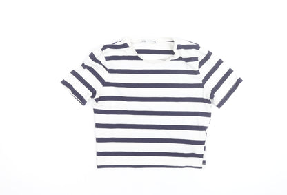 Zara Women's Navy White Striped Cropped T-Shirt Size 12