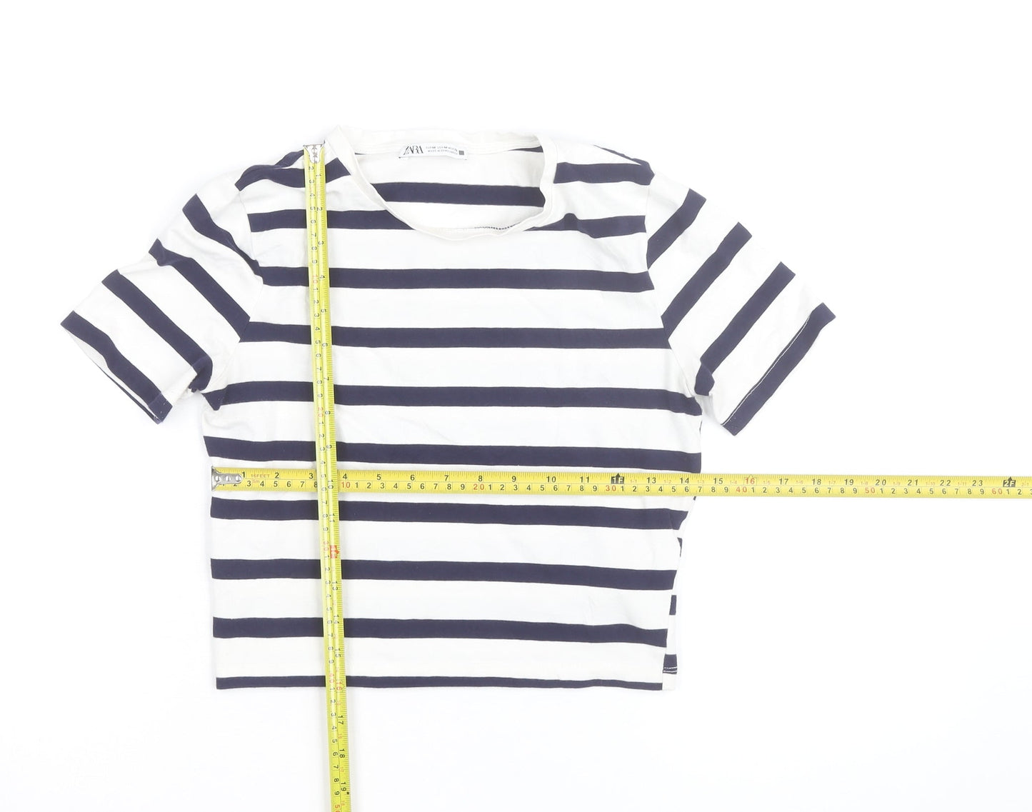 Zara Women's Navy White Striped Cropped T-Shirt Size 12