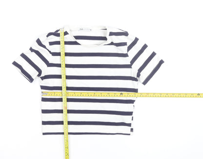 Zara Women's Navy White Striped Cropped T-Shirt Size 12