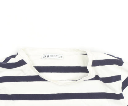 Zara Women's Navy White Striped Cropped T-Shirt Size 12