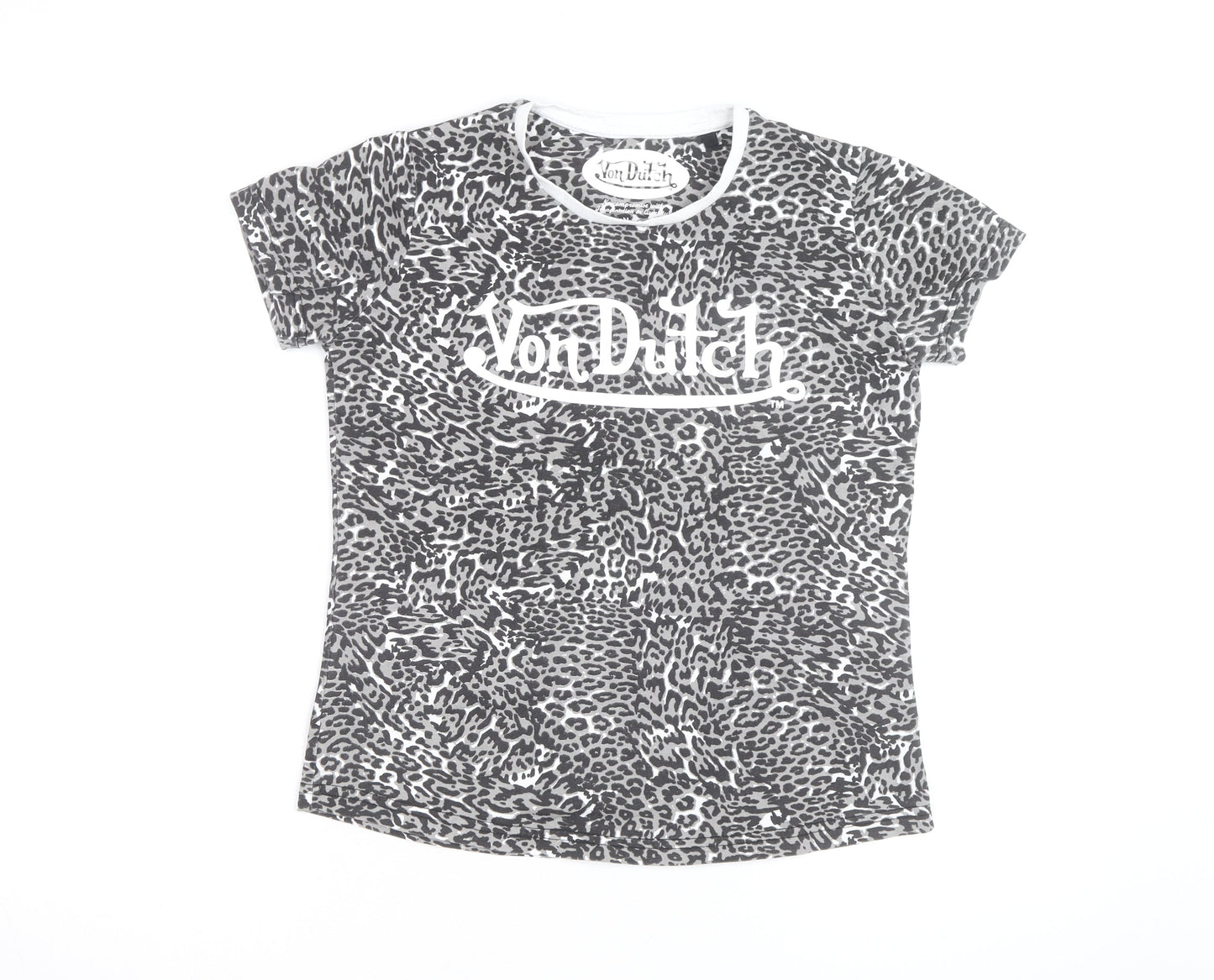 Von Dutch Womens Grey Animal Print Cotton T-Shirt Size 12