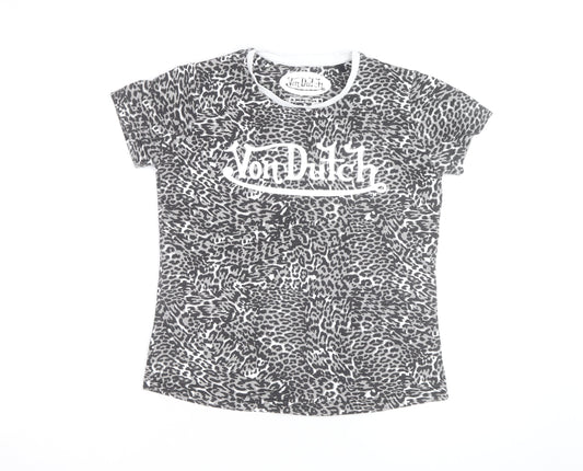 Von Dutch Womens Grey Animal Print Cotton T-Shirt Size 12
