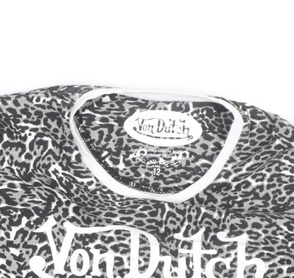 Von Dutch Womens Grey Animal Print Cotton T-Shirt Size 12