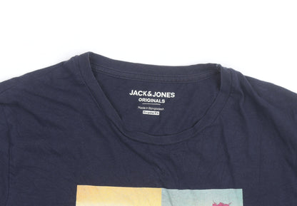 Jack & Jones Mens Blue Regular Fit Graphic Beach T-Shirt Size M