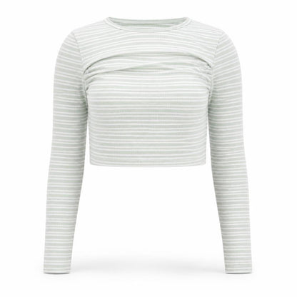 Pink Vanilla Women's Green Striped Cropped Long Sleeve T-Shirt Size M