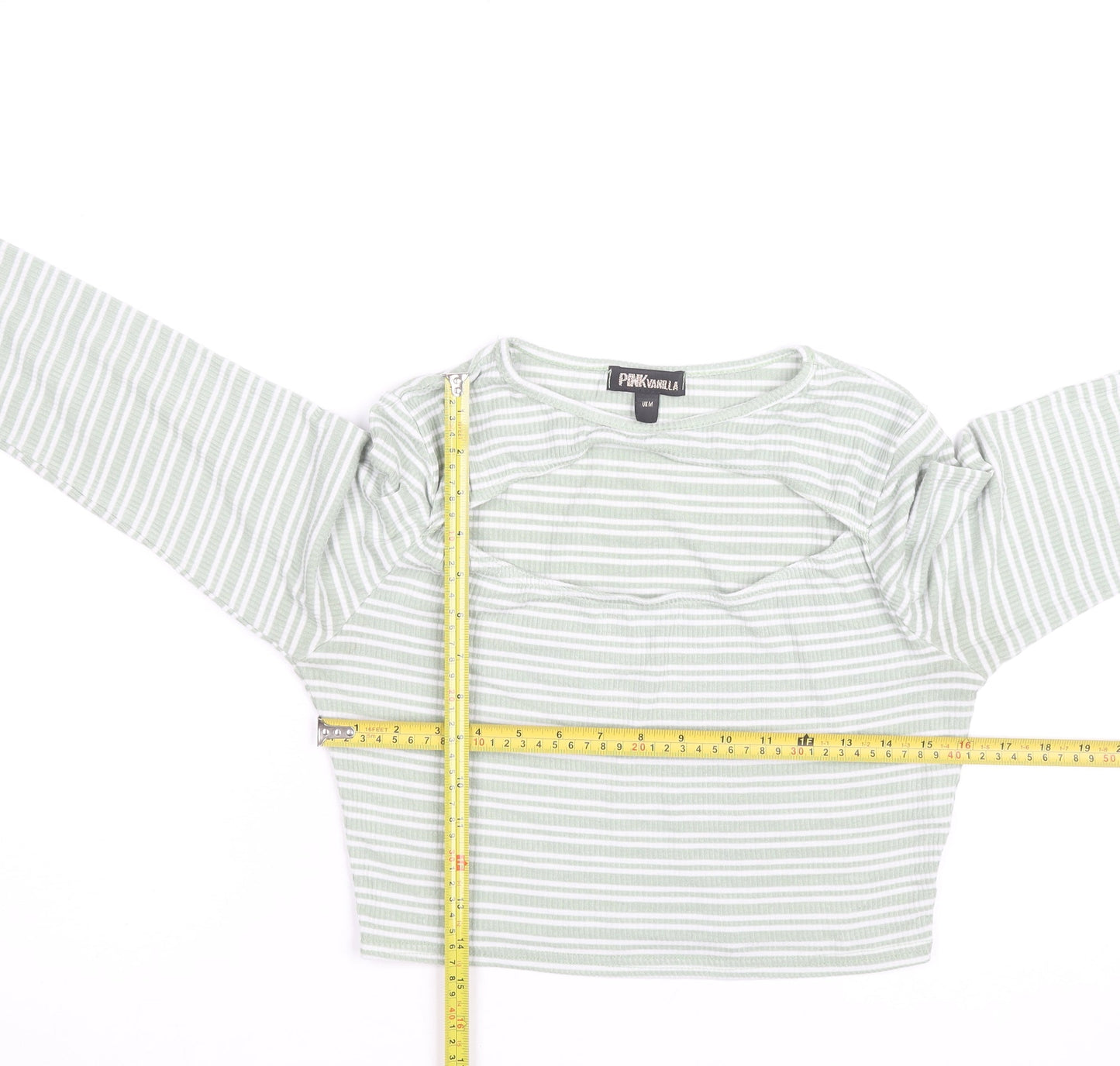 Pink Vanilla Women's Green Striped Cropped Long Sleeve T-Shirt Size M