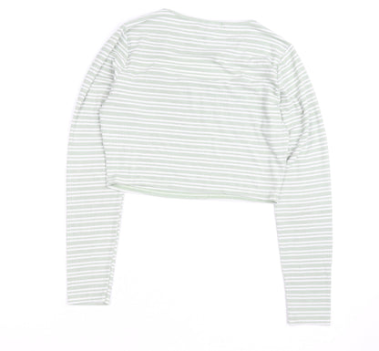 Pink Vanilla Women's Green Striped Cropped Long Sleeve T-Shirt Size M