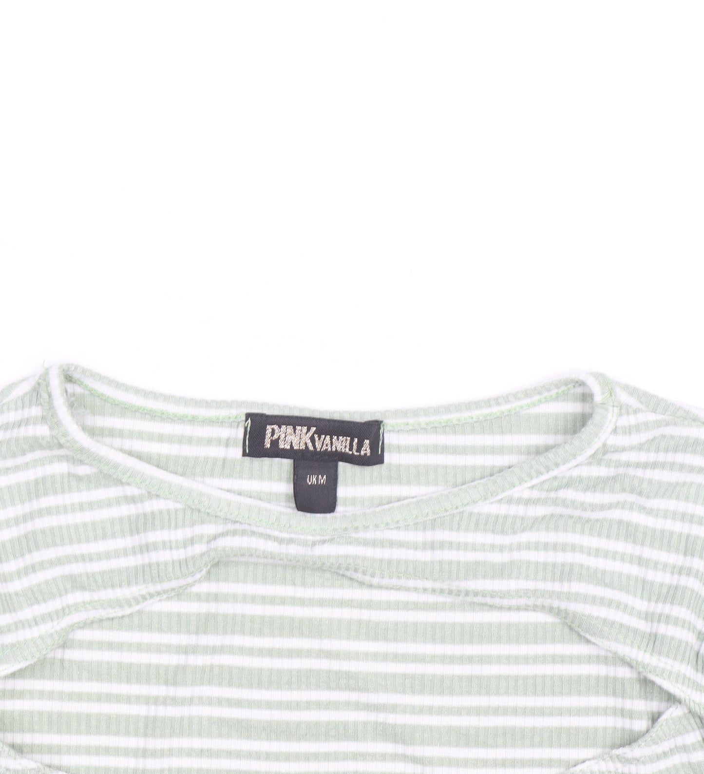 Pink Vanilla Women's Green Striped Cropped Long Sleeve T-Shirt Size M