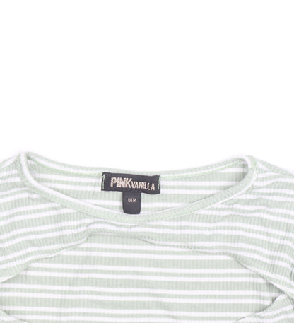 Pink Vanilla Women's Green Striped Cropped Long Sleeve T-Shirt Size M