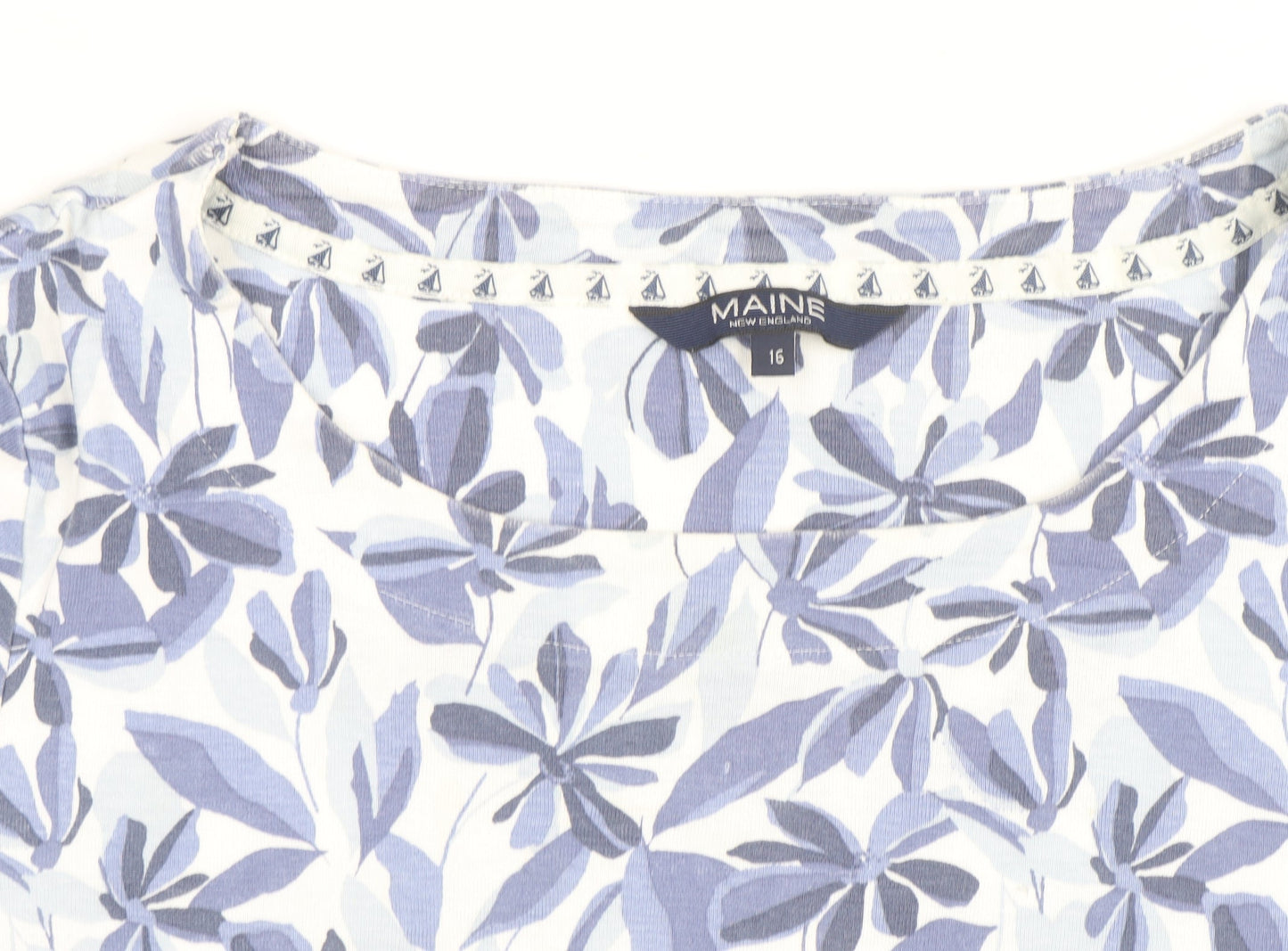 Maine New England Womens Blue Floral Cotton T-Shirt Size 16