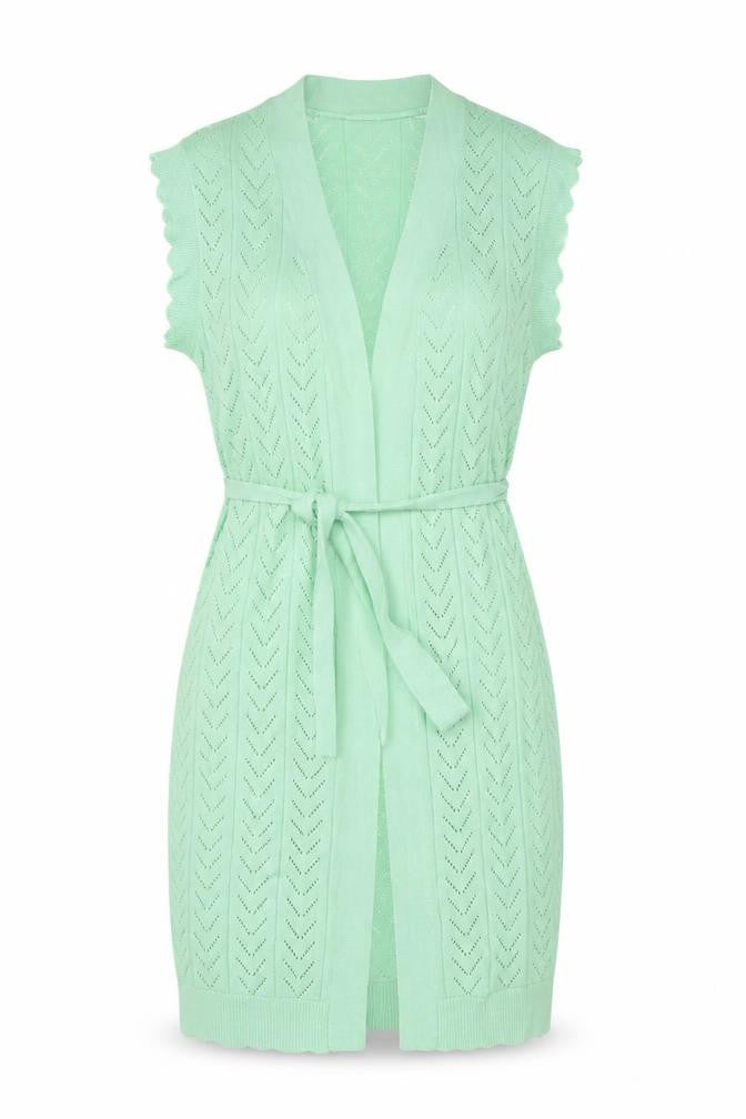 Vila Women Green XS Sleeveless Open Knit Belted Cardigan