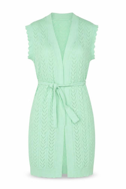 Vila Women Green XS Sleeveless Open Knit Belted Cardigan