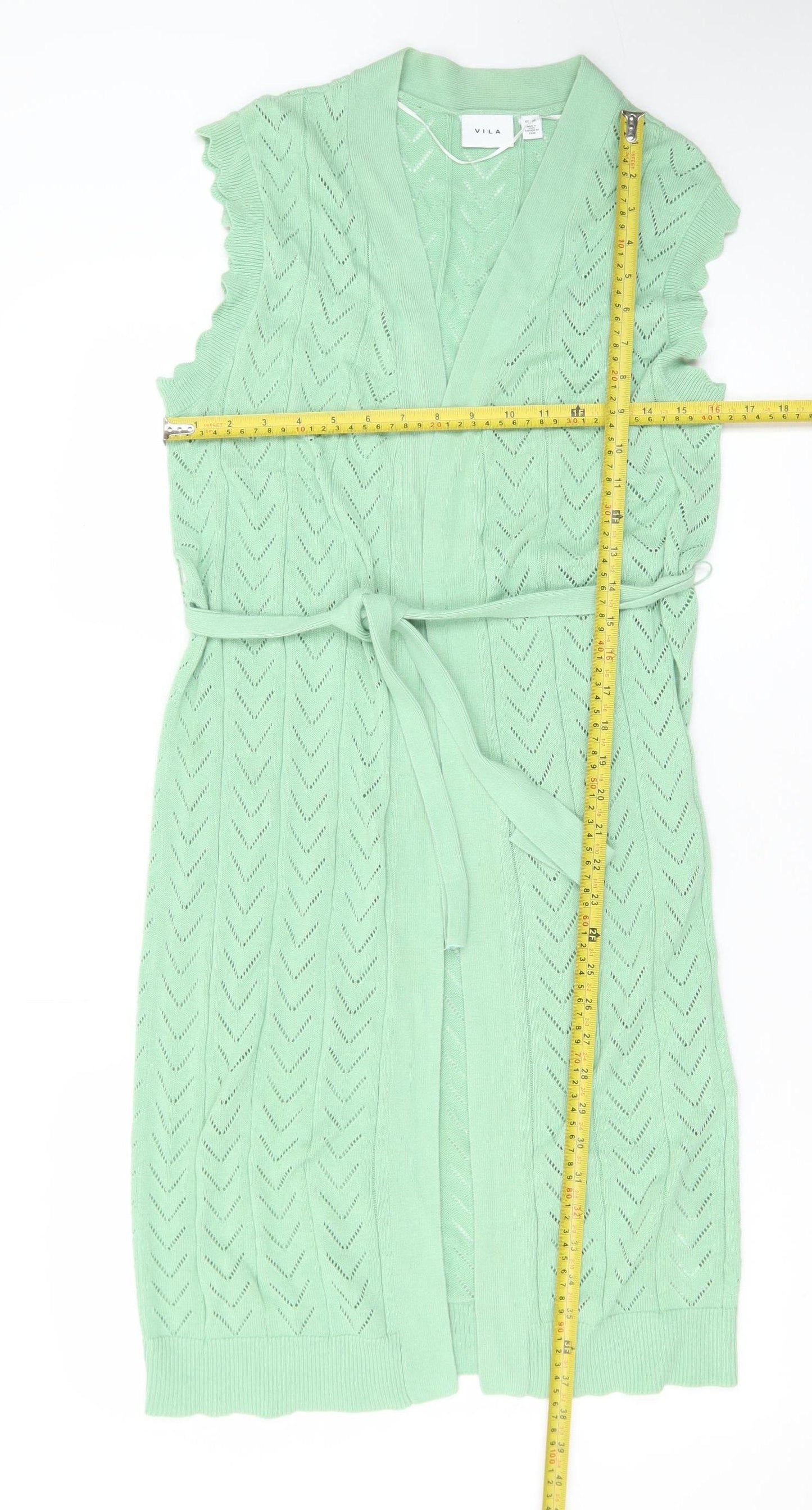 Vila Women Green XS Sleeveless Open Knit Belted Cardigan