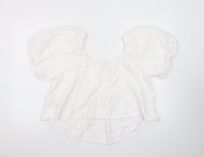 Marks and Spencer Women's White Linen Blend Puff Sleeve Blouse Size 12