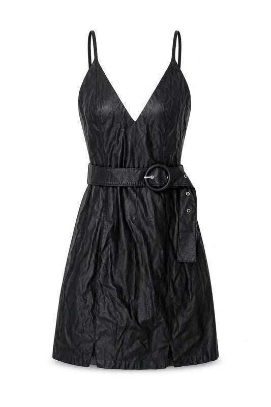 Bershka Womens Black Faux Leather Slip Dress XS Belted Partywear