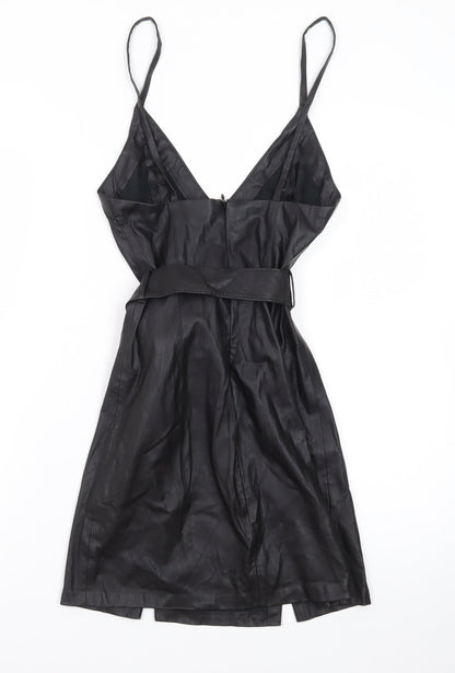 Bershka Womens Black Faux Leather Slip Dress XS Belted Partywear