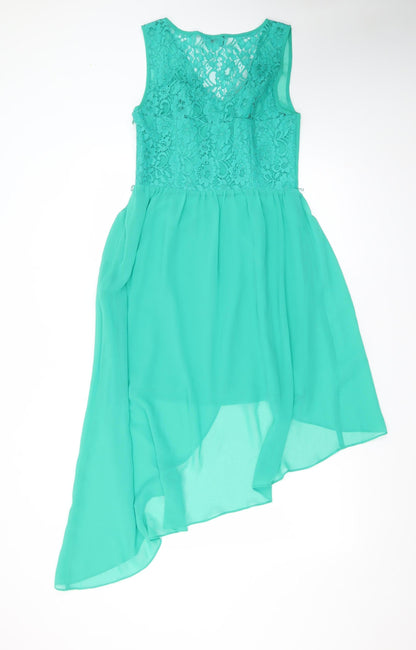 Oasis Womens Green Hi-Low Chiffon Lace Fit & Flare Dress Size 10