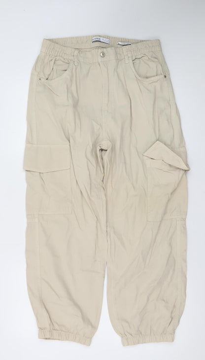 Bershka Women Beige Cargo Tapered Trousers Size L Elastic Waist