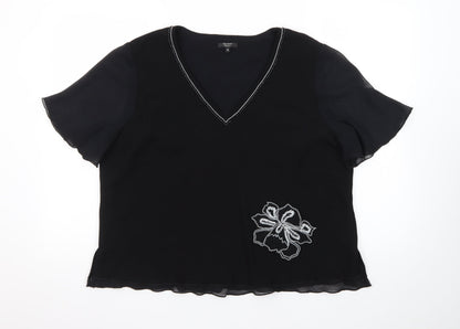 Personal Choice Women's Black Embroidered V-Neck Tunic Blouse Size 18