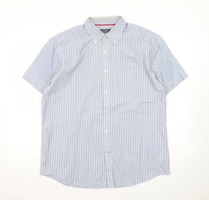 Maine New England Mens Blue Striped Short Sleeve Button-Up Shirt M