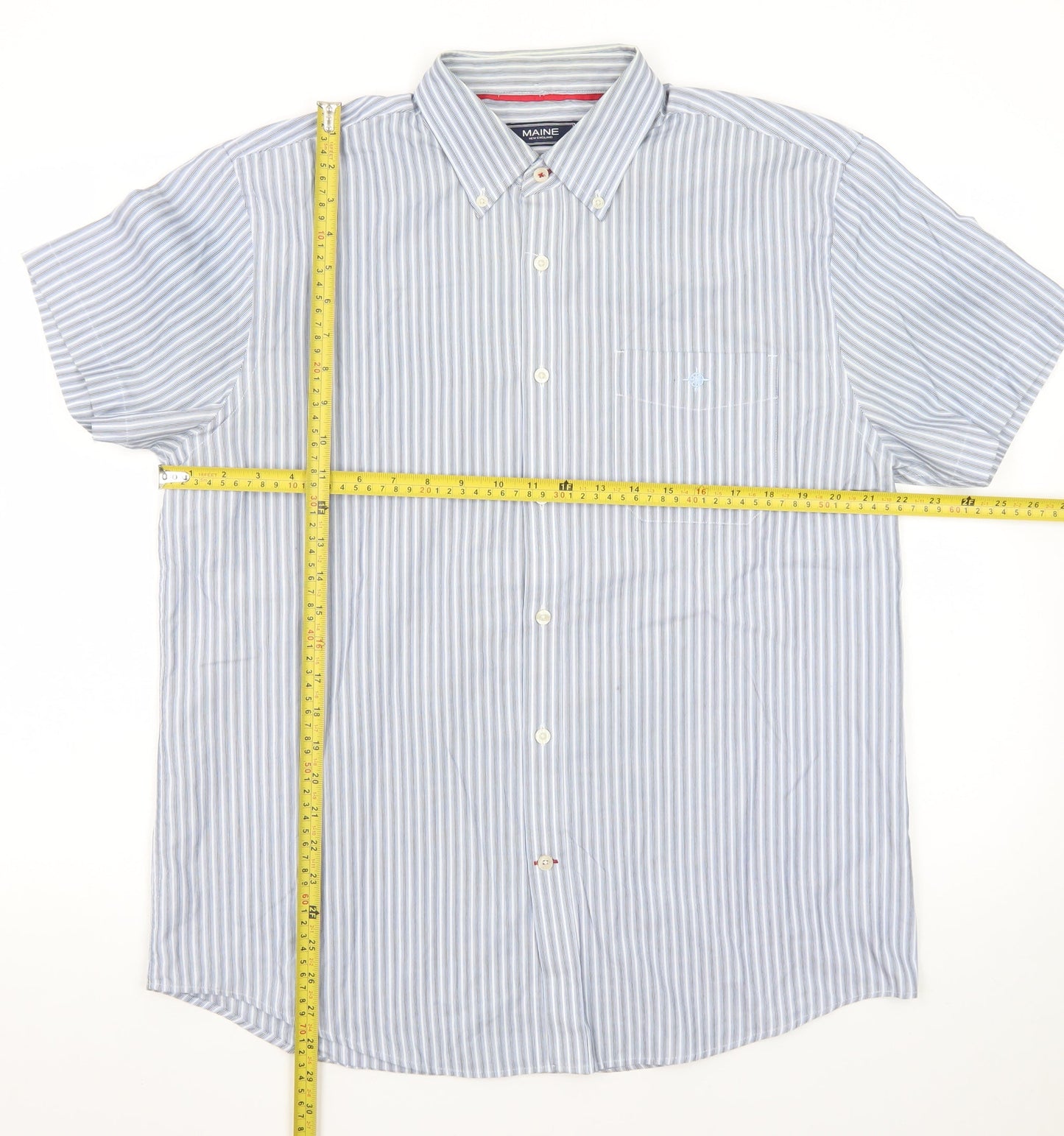 Maine New England Mens Blue Striped Short Sleeve Button-Up Shirt M