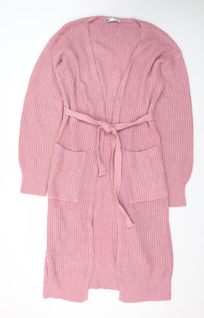 Zara Women Pink Long Belted Chunky Knit Cardigan Size 14