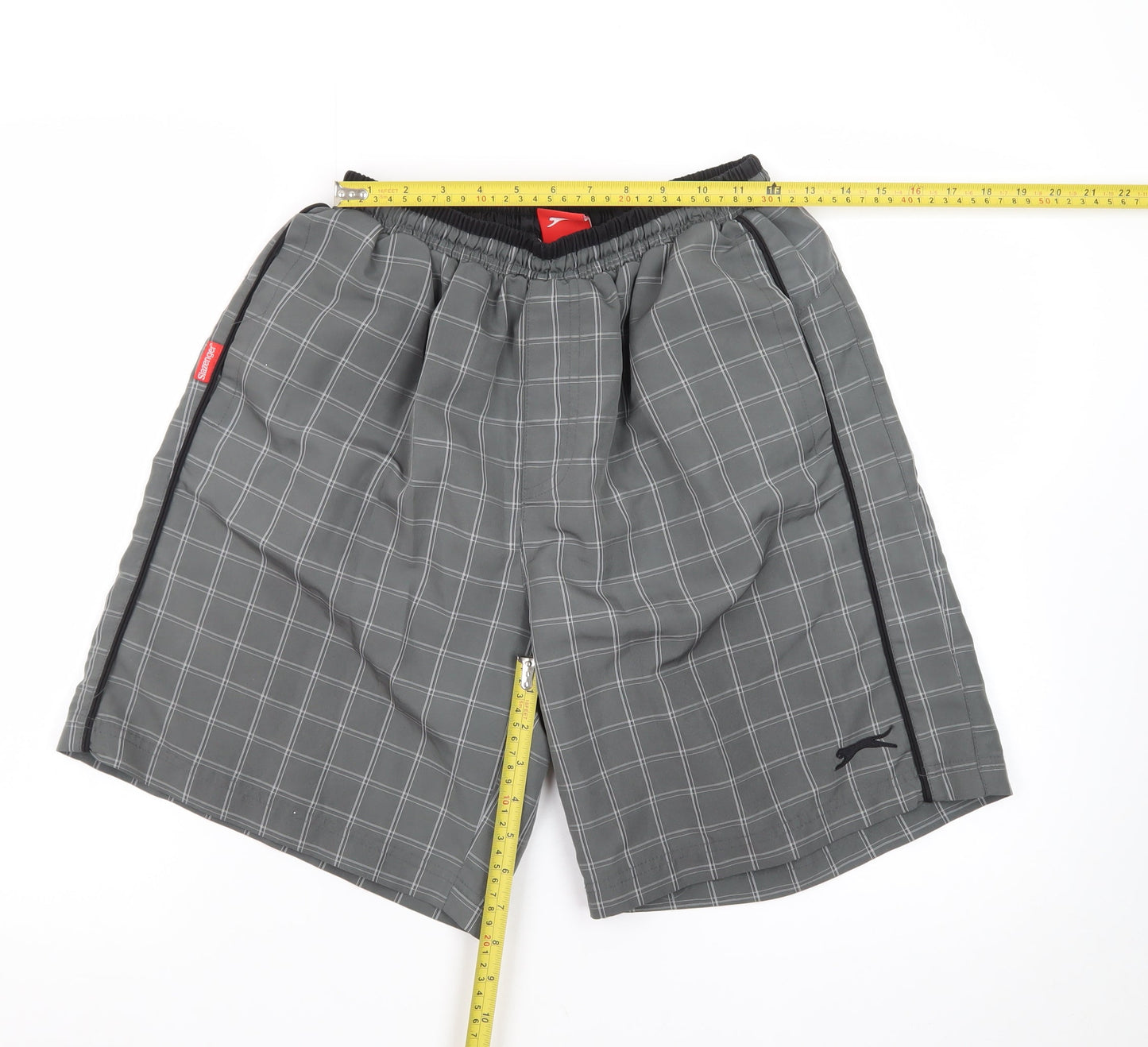 Slazenger Men Grey Check Swim Shorts M Quick Dry Lined Elastic Waist