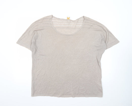 East Women Beige Linen Short Sleeve Pullover Jumper XL
