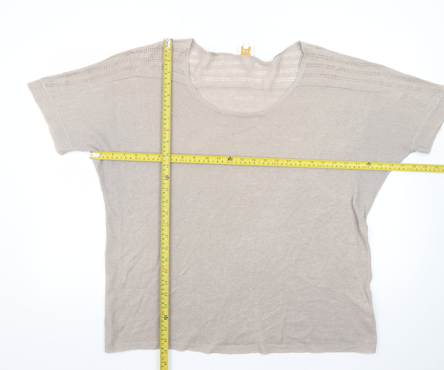 East Women Beige Linen Short Sleeve Pullover Jumper XL