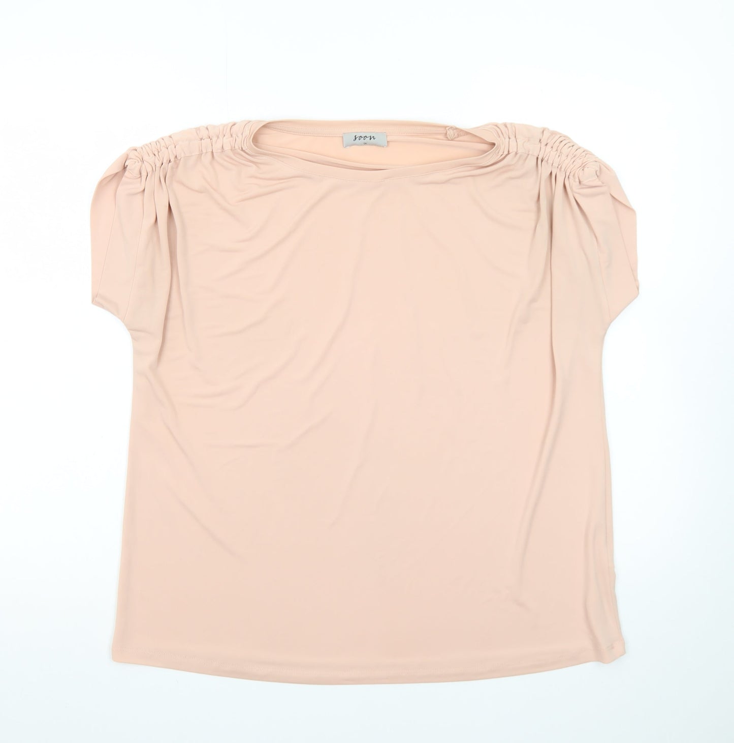 Soon Women’s Beige Tunic Blouse Size 14 Short Sleeve Stretch Top