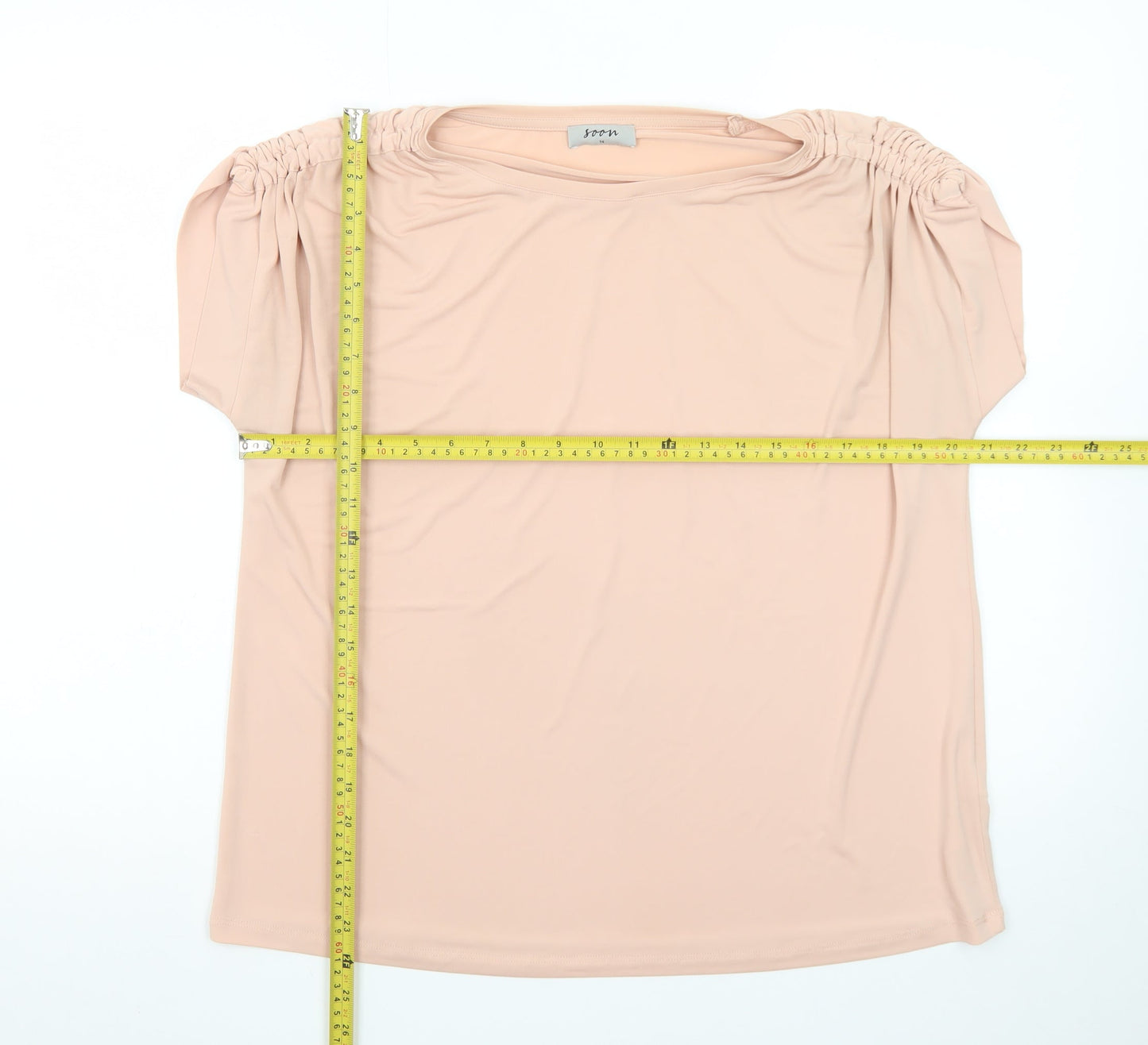 Soon Women’s Beige Tunic Blouse Size 14 Short Sleeve Stretch Top