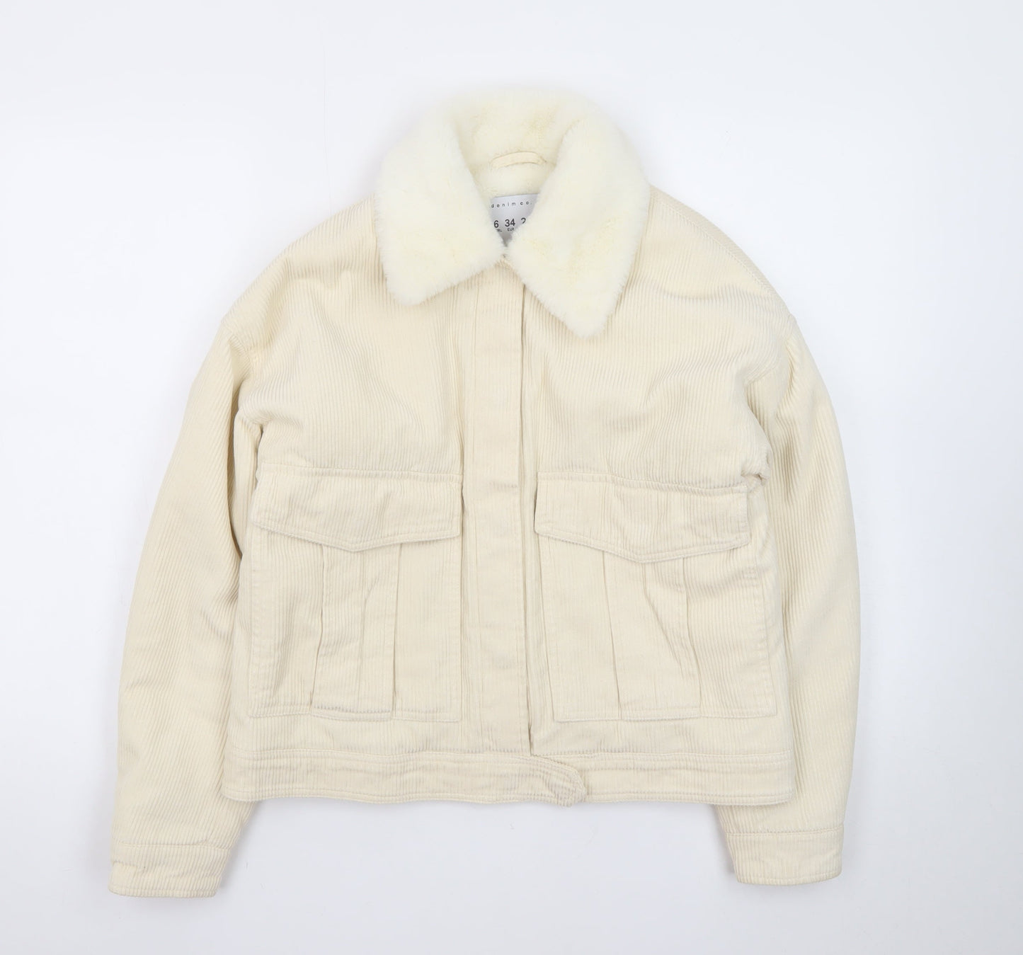 Denim Co. Women's Ivory Corduroy Bomber Jacket Size 6 Faux Fur Collar