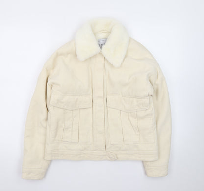 Denim Co. Women's Ivory Corduroy Bomber Jacket Size 6 Faux Fur Collar
