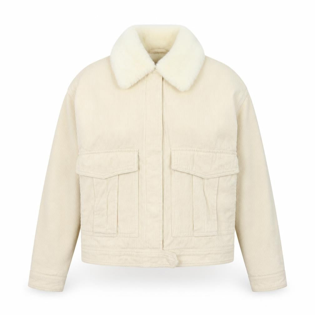 Denim Co. Women's Ivory Corduroy Bomber Jacket Size 6 Faux Fur Collar