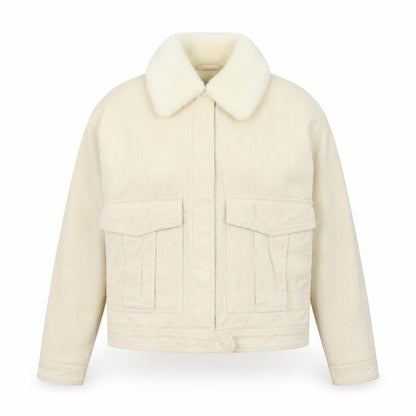 Denim Co. Women's Ivory Corduroy Bomber Jacket Size 6 Faux Fur Collar