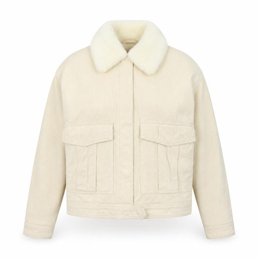 Denim Co. Women's Ivory Corduroy Bomber Jacket Size 6 Faux Fur Collar