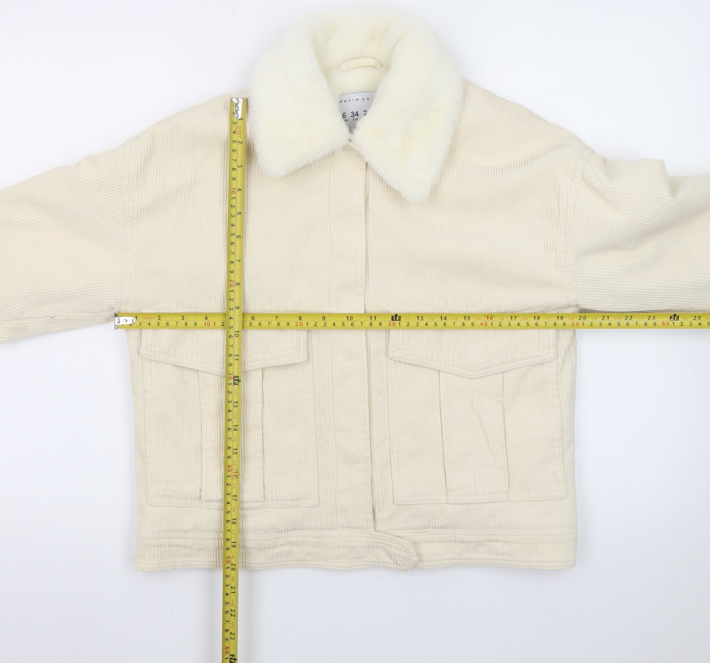 Denim Co. Women's Ivory Corduroy Bomber Jacket Size 6 Faux Fur Collar