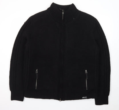 Replay Men's Black XL Full Zip Knit Wool Blend Jumper