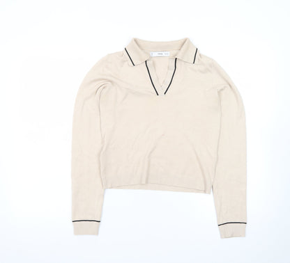MNG Women Beige Collared Henley Knit Jumper XS