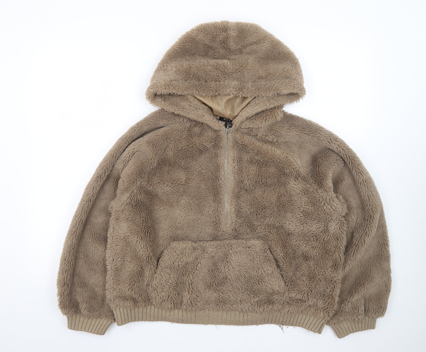 QED London Women Beige 1/2 Zip Hooded Pullover Fleece Sweatshirt S/M