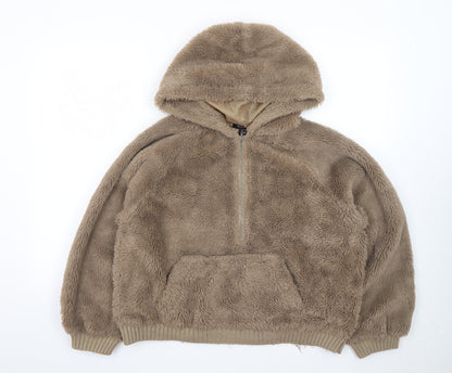 QED London Women Beige 1/2 Zip Hooded Pullover Fleece Sweatshirt S/M