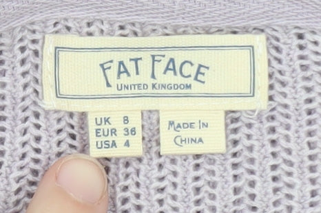 Fat Face Women’s Purple Knit Cotton Cardigan UK 8 V-Neck Tie Front