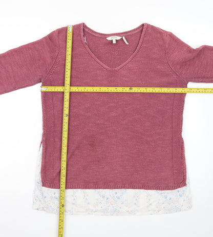 FatFace Women Pink V-Neck Cotton Linen Knit Jumper Size 10
