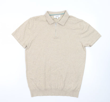 Next Mens Beige Short Sleeve 1/4 Zip Polo Shirt Size M Classic Fit