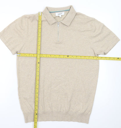 Next Mens Beige Short Sleeve 1/4 Zip Polo Shirt Size M Classic Fit