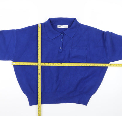 ZARA Women Blue Collared Henley Knit Jumper Size 12