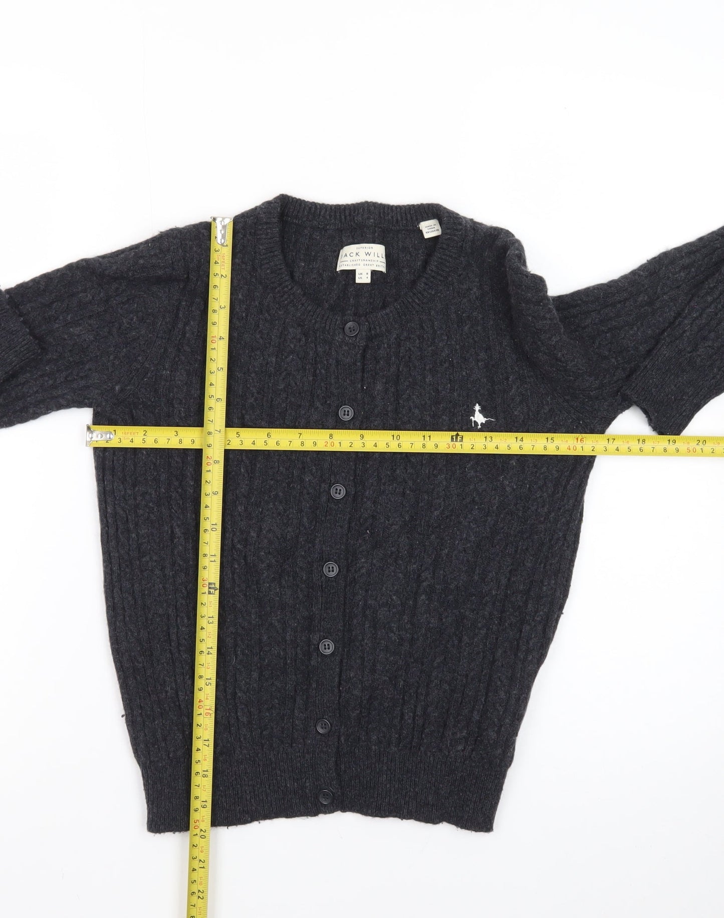 Jack Wills Womens Black Cable Knit Cardigan UK 8 Wool Blend